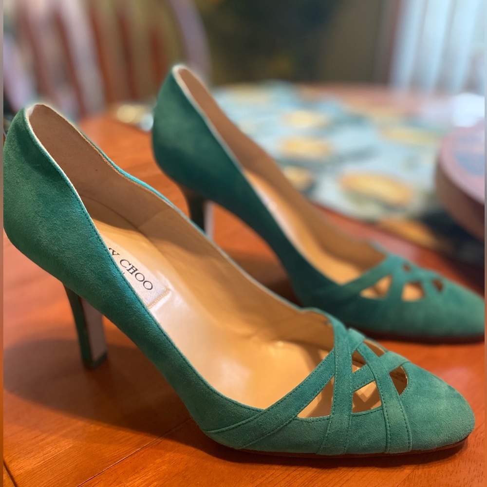AUTHENTIC JIMMY CHOO Green Teal Designer Pumps Heels Real Leather Size 39 US 8.5